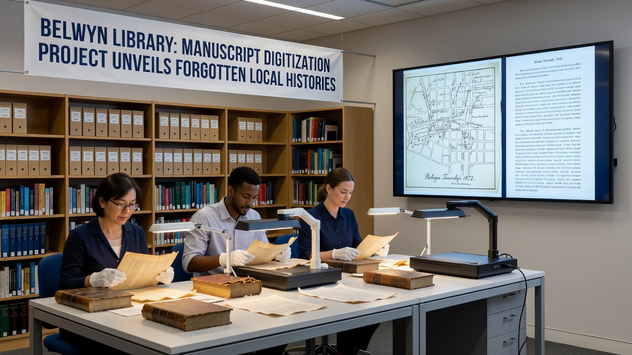 Close-up view of a digitized 19th-century land deed from the Belwyn collection displayed on a monitor in the library's digital lab