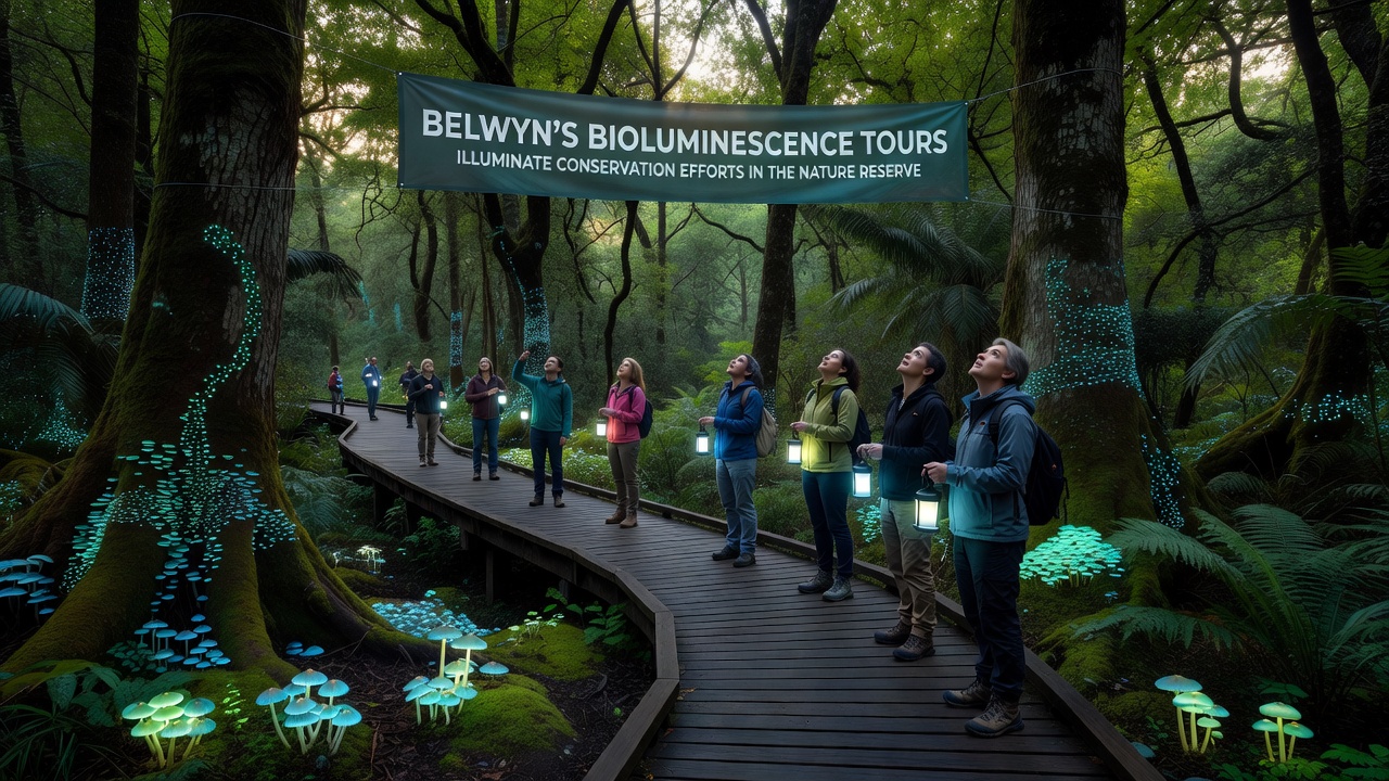 Visitors on a guided bioluminescence tour in Belwyn reserve