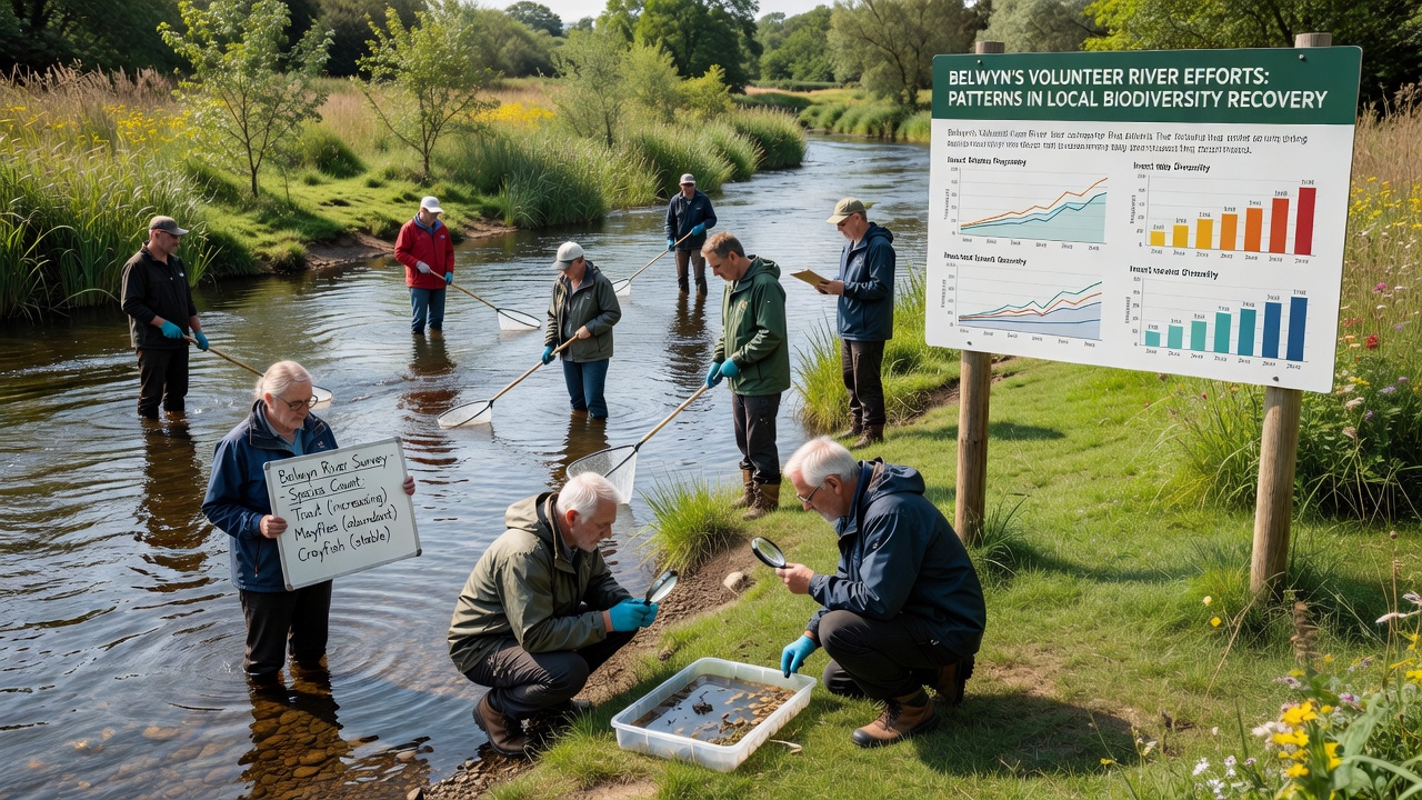 Close-up view of riverbank vegetation regrowth and aquatic sampling equipment used by Belwyn volunteers